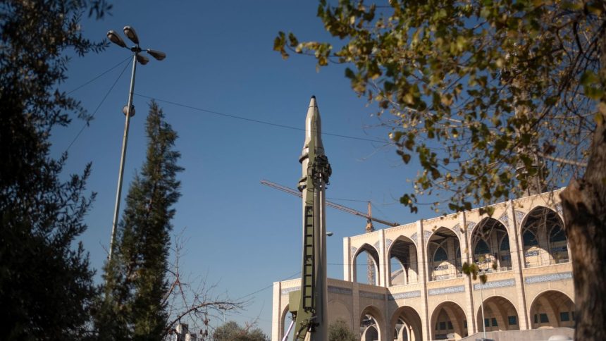 This January 2022 photo shows an Iranian short-range surface-to-surface ballistic missile in Tehran.