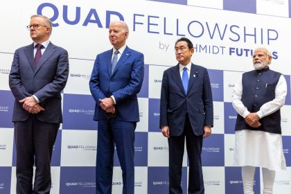 In this May 2022 photo, Australian Prime Minister Anthony Albanese, President Joe Biden, Japanese Prime Minister Fumio Kishida and Indian Prime Minister Narendra Modi attend the Quad Fellowship Founding Celebration event in Tokyo.