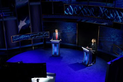 Former President Donald Trump and Vice President Kamala Harris debate for the first time during the presidential election campaign at The National Constitution Center on September 10 in Philadelphia.