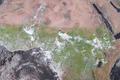 Satellite imagery captures vegetation (green) over Africa on September 13, 2024.