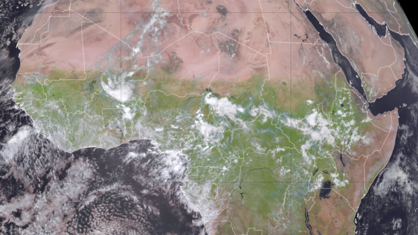 Satellite imagery captures vegetation (green) over Africa on September 13, 2024.