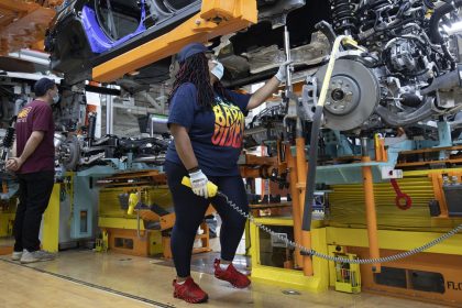 A 2021 Jeep Grand Cherokee L is assembled at the Stellantis Detroit Assembly Complex-Mack in June 2021 in Detroit.