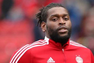 Jay Emmanuel-Thomas is seen before playing Aberdeen's game against Celtic in the Scottish Premiership at Pittodrie Stadium on October 3, 2021.