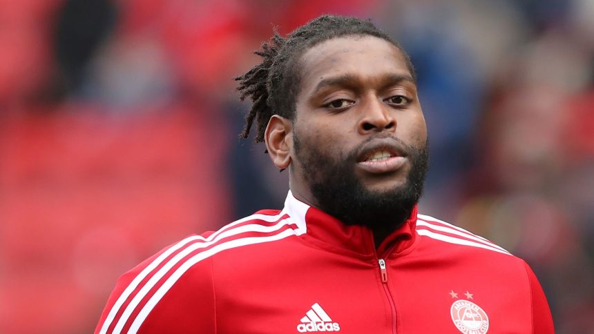 Jay Emmanuel-Thomas is seen before playing Aberdeen's game against Celtic in the Scottish Premiership at Pittodrie Stadium on October 3, 2021.