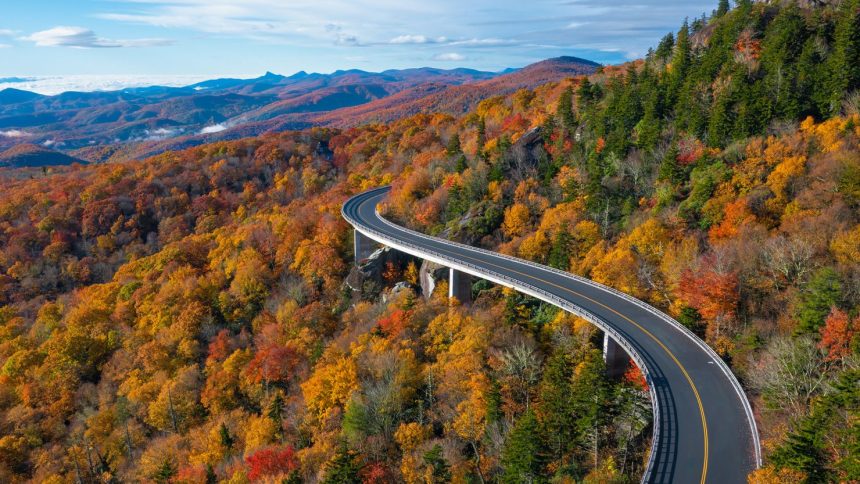 Hugging Grandfather Mountain in North Carolina, the Linn Cove Viaduct is a graceful stretch of road on the Blue Ridge Parkway, especially when the leaves are putting on their autumn show.