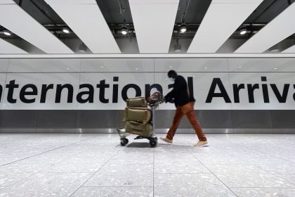 International passengers arriving at London's Heathrow Airport in 2021.