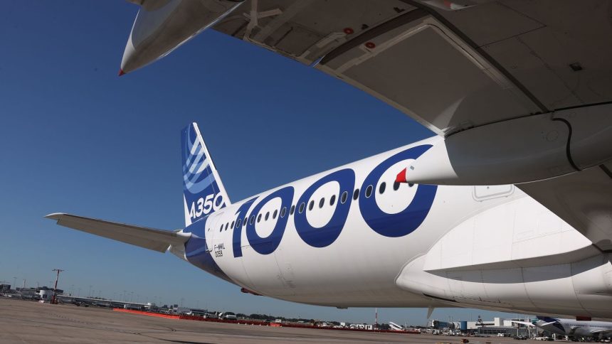 An Airbus A350-1000 flight test aircraft prepares to depart Sydney Airport on May 04, 2022 in Sydney, Australia.