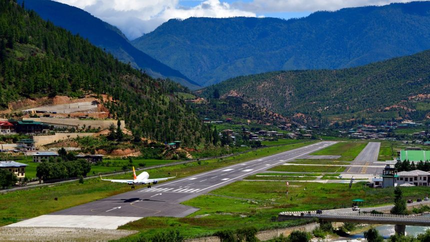 Paro International Airport (PBH) has a single 2,265 m (7,431 ft) asphalt runway.