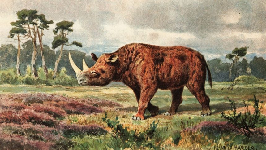 An illustration of the now-extinct woolly rhino.