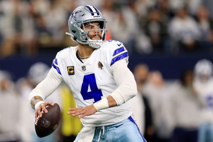 Dak Prescott of the Dallas Cowboys drops back to pass during the NFC Wild Card Playoff game against the Green Bay Packers on January 14, 2024.