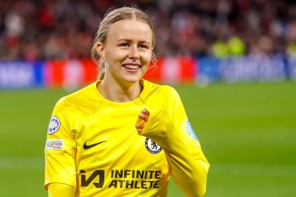 Goalkeeper Hannah Hampton of Chelsea celebrate the win during the UEFA Women's Champions League quarter-finals leg 1 match between AFC Ajax and Chelsea at Johan Cruijff ArenA on March 19, 2024 in Amsterdam, Netherlands.