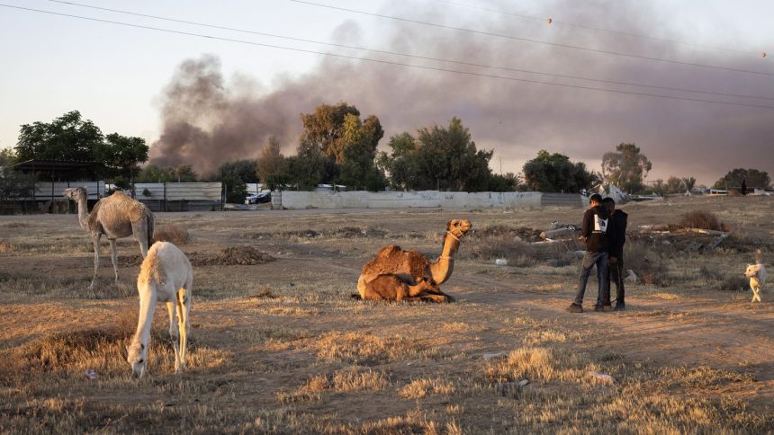 Residents stand near camels as they watch smoke billowing during the demolition by Israeli security forces of the unrecognized bedouin community of Wadi al Khalil, in the southern Negev desert, near the town of Hura on May 8.