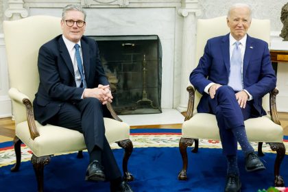 US President Joe Biden and British Prime Minister Keir Starmer speak to reporters before participating in a bilateral meeting in the Oval Office of the White House on July 10.