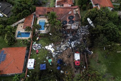 This photo shows an aerial view of the wreckage of an airplane that crashed in Vinhedo, Sao Paulo State, Brazil, on August 10, 2024.