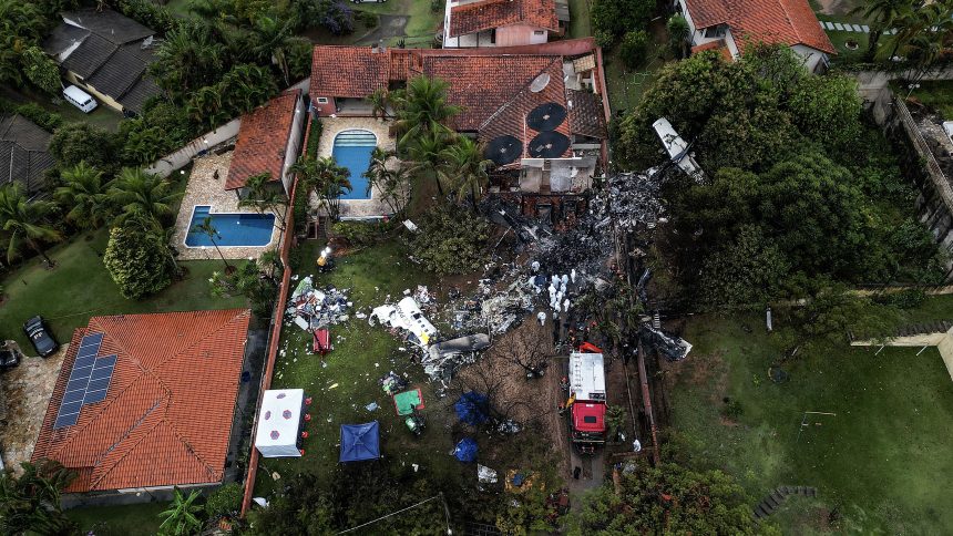 This photo shows an aerial view of the wreckage of an airplane that crashed in Vinhedo, Sao Paulo State, Brazil, on August 10, 2024.