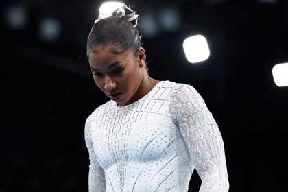 Jordan Chiles of Team USA looks on ahead of the apparatus floor final on day ten of the Olympic Games Paris 2024 at Bercy Arena on August 05, 2024 in Paris, France.