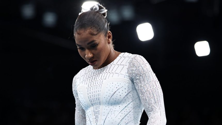 Jordan Chiles of Team USA looks on ahead of the apparatus floor final on day ten of the Olympic Games Paris 2024 at Bercy Arena on August 05, 2024 in Paris, France.