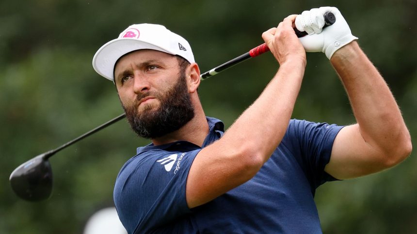 Jon Rahm tees off during LIV Golf Greenbrier at The Old White Course in White Sulphur Springs, West Virginia in August.