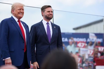 Republican Presidential candidate, former US president, Donald Trump, left, poses for photos with Republican Vice Presidential candidate, U.S. Sen. J.D. Vance.