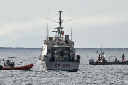 Rescue ships operate off Porticello near Palermo, on August 22, 2024, three days after the British-flagged luxury yacht Bayesian sank.