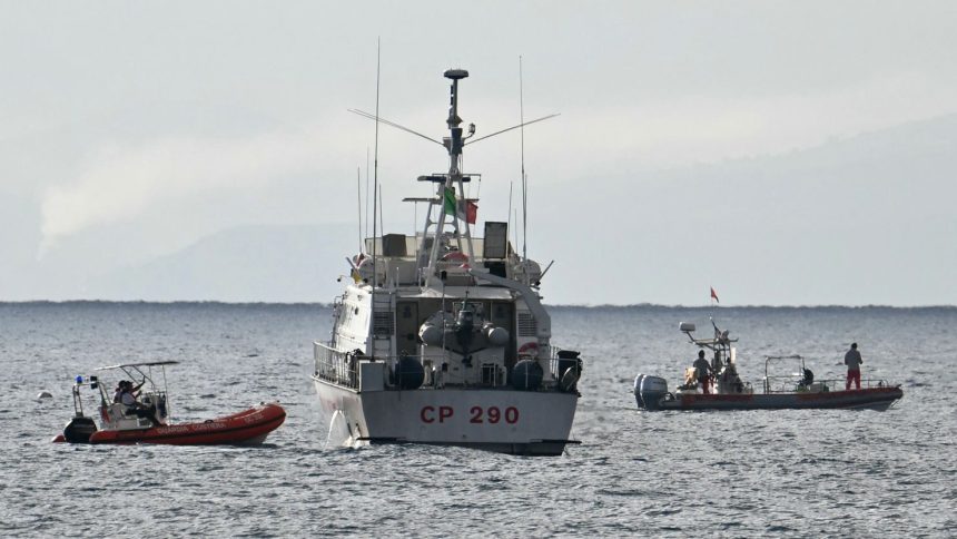 Rescue ships operate off Porticello near Palermo, on August 22, 2024, three days after the British-flagged luxury yacht Bayesian sank.