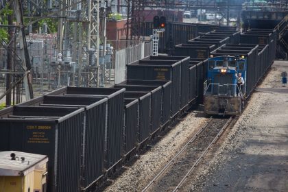 Railroad cars move through the US Steel Mon Valley Works in Clairton, Pennsylvania.