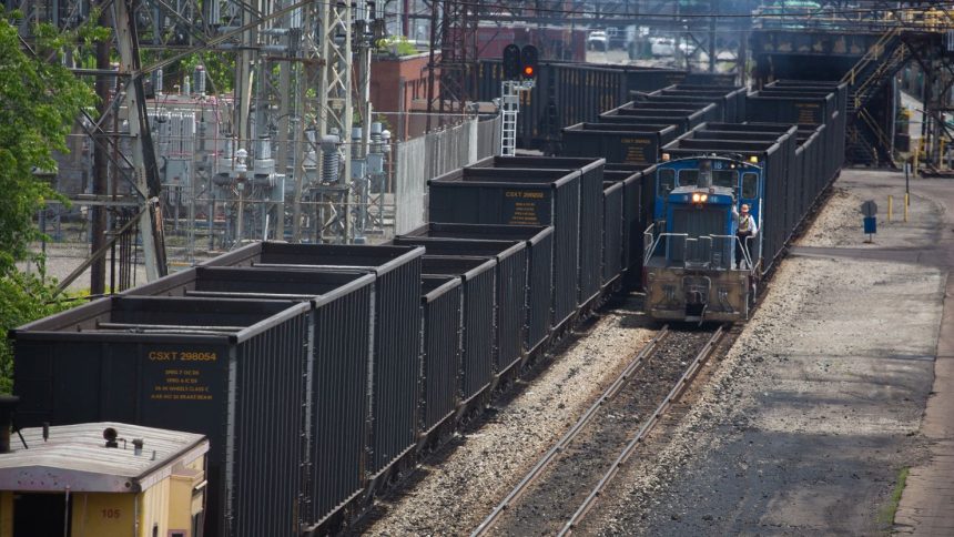 Railroad cars move through the US Steel Mon Valley Works in Clairton, Pennsylvania.