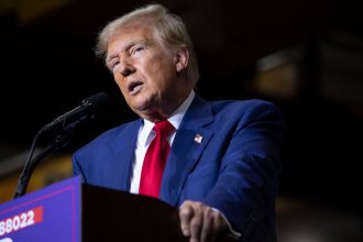 Former President and current Republican Presidential nominee Donald Trump speaks at Alro Steel on August 29, 2024, in Potterville, Michigan.