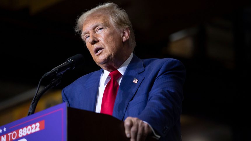 Former President and current Republican Presidential nominee Donald Trump speaks at Alro Steel on August 29, 2024, in Potterville, Michigan.