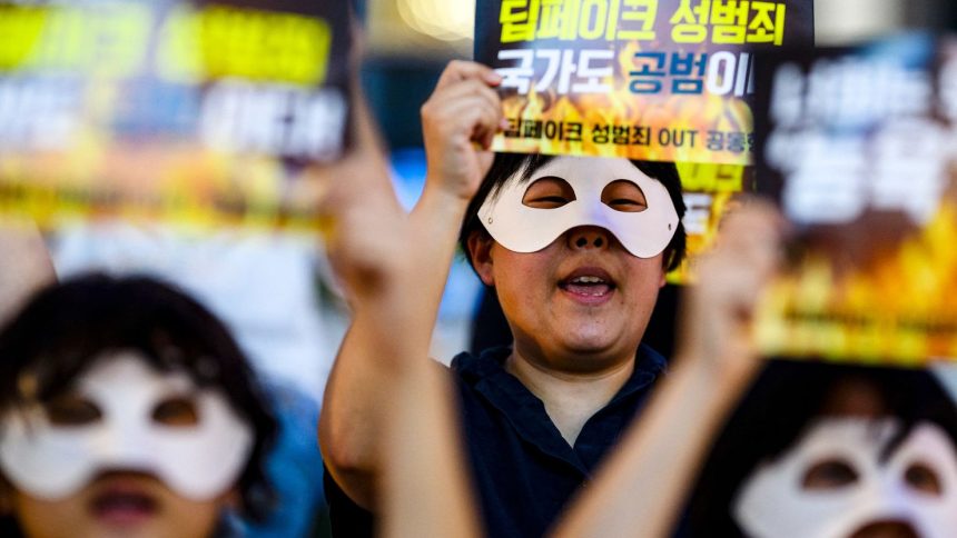 Activists wearing eye masks hold posters reading 'Repeated deepfake sex crimes, the state is an accomplice too' during a protest against deepfake porn in Seoul, South Korea on August 30, 2024.