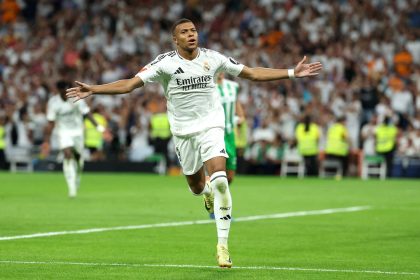 Mbappé celebrates scoring from the penalty spot against Real Betis.