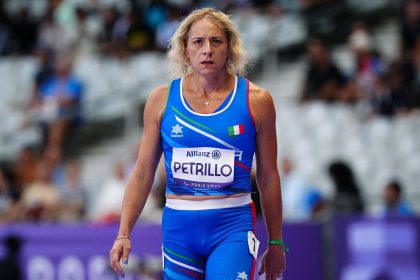 Italy's Valentina Petrillo prepares to compete in the women's 400m T12 athletic event at the Paris 2024 Paralympic Games at the Stade de France.