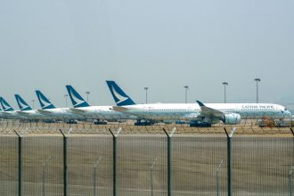 Airbus SE A350 aircraft operated by Cathay Pacific on the tarmac at Hong Kong International Airport in Hong Kong, China, on September 3, 2024.