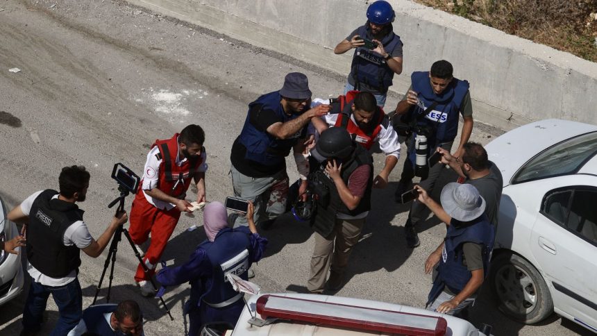 Four journalists injured while covering an Israeli raid in Kafr Dan are taken to the closest hospital in Jenin, in the occupied West Bank, on September 03, 2024.