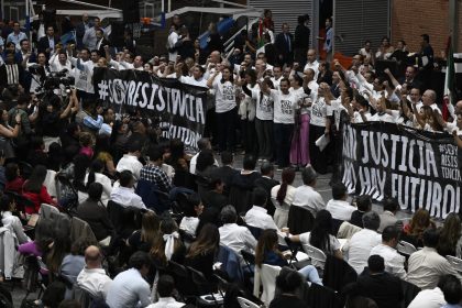 Deputies of National Action party shout slogans against the judicial reform law during a session at an alternate venue of the Mexican Congress in the Sala de Armas of Mexico City on September 3, 2024. Protesting judicial workers on Tuesday blocked access to Mexico's lower house of Congress to try to prevent a vote on controversial reforms proposed by outgoing President Andres Manuel Lopez Obrador. (Photo by Alfredo ESTRELLA / AFP) (Photo by ALFREDO ESTRELLA/AFP via Getty Images)