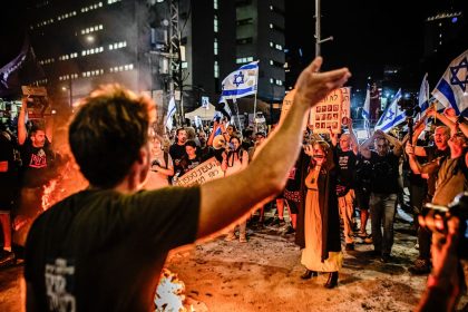 Israeli protesters in Tel Aviv chant slogans during a demonstration on Tuesday, three days after the bodies of six hostages were rescued from Gaza.