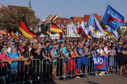 AfD supporters attend a rally in the eastern state of Thuringia on Saturday.