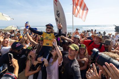 Caitlin Simmers is carried on the beach after beating Caroline Marks to win the WSL Finals.