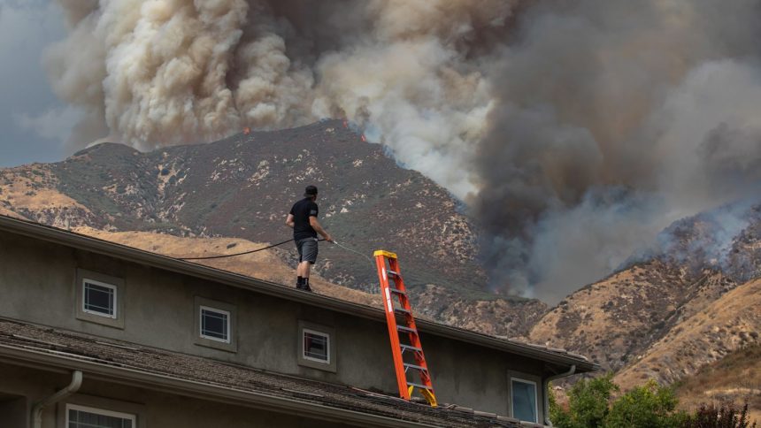 A man waters the roof of his home as the Line Fire burns in the foothills of the San Bernardino Mountains, forcing evacuations.