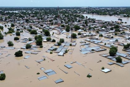 This aerial view shows submerged houses in Maiduguri, northern Nigeria, on September 10, 2024.