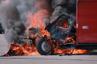 A truck on fire is seen on the streets of Culiacan, Sinaloa State, Mexico, on September 11, 2024.