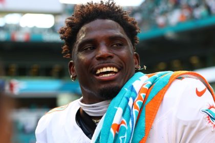 MIAMI GARDENS, FLORIDA - SEPTEMBER 08: Tyreek Hill #10 of the Miami Dolphins reacts after his team's 20-17 win against the Jacksonville Jaguars at Hard Rock Stadium on September 08, 2024 in Miami Gardens, Florida. (Photo by Megan Briggs/Getty Images)