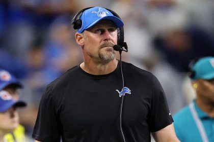 Dan Campbell looks on during the Detroit Lions' game against the Los Angeles Rams at Ford Field on September 8.