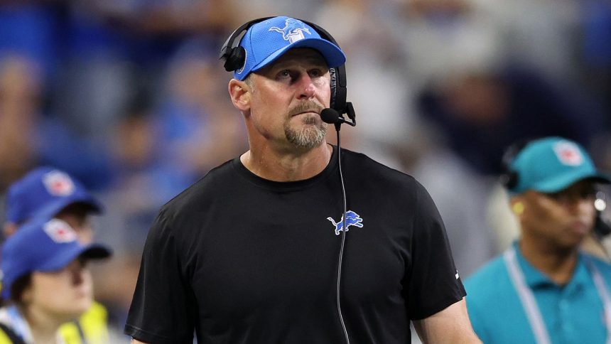 Dan Campbell looks on during the Detroit Lions' game against the Los Angeles Rams at Ford Field on September 8.