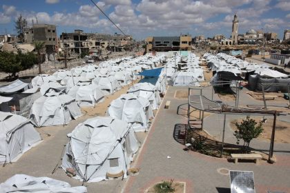 Rows of tents are set up for displaced Palestinians in Beit Lahia in the northern Gaza Strip.