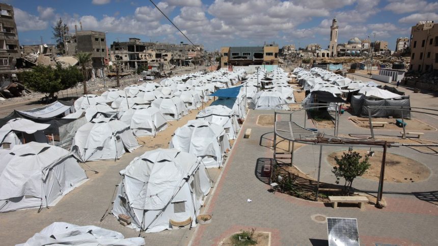 Rows of tents are set up for displaced Palestinians in Beit Lahia in the northern Gaza Strip.