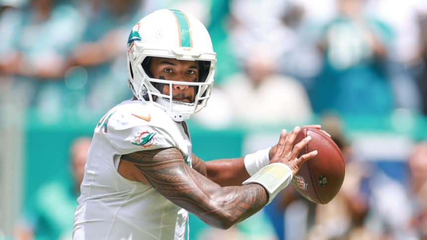 Tua Tagovailoa of the Miami Dolphins in action against the Jacksonville Jaguars on Sunday.