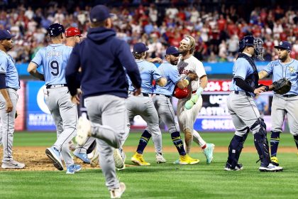 Philadelphia Phillies star Bryce Harper confronts members of the Tampa Bay Rays after teammate Nick Castellanos is hit by a pitch in the eighth inning at Citizens Bank Park.