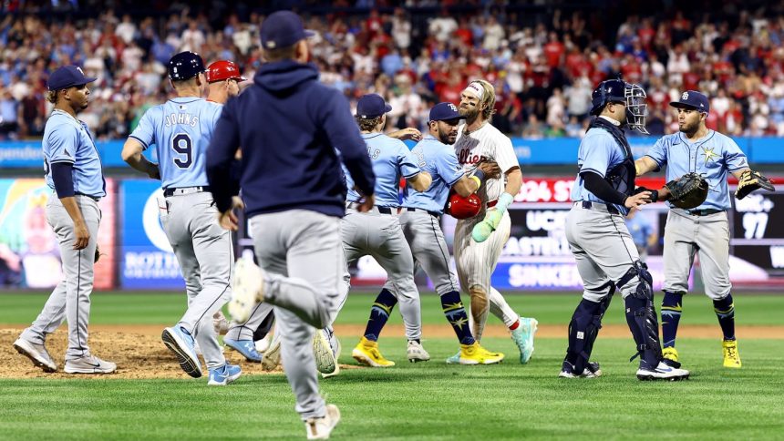 Philadelphia Phillies star Bryce Harper confronts members of the Tampa Bay Rays after teammate Nick Castellanos is hit by a pitch in the eighth inning at Citizens Bank Park.