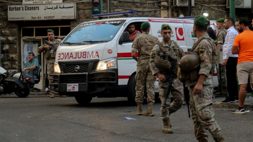 Lebanese troops secure a Beirut street following the explosions on September 17, 2024.